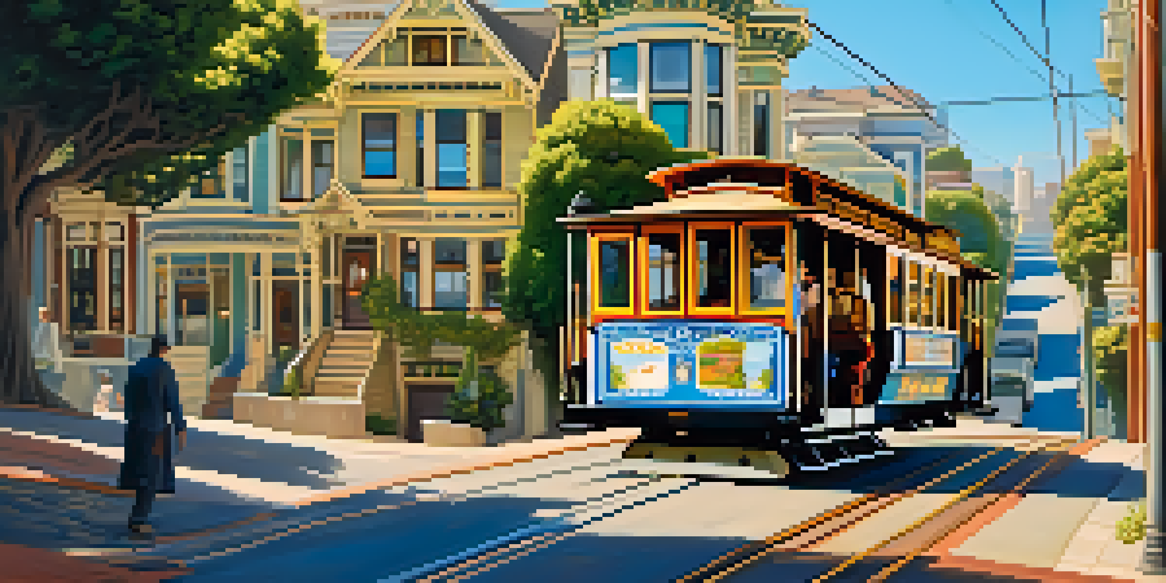 A vintage cable car traveling up a steep hill in San Francisco, surrounded by colorful Victorian houses and greenery under a clear sky.