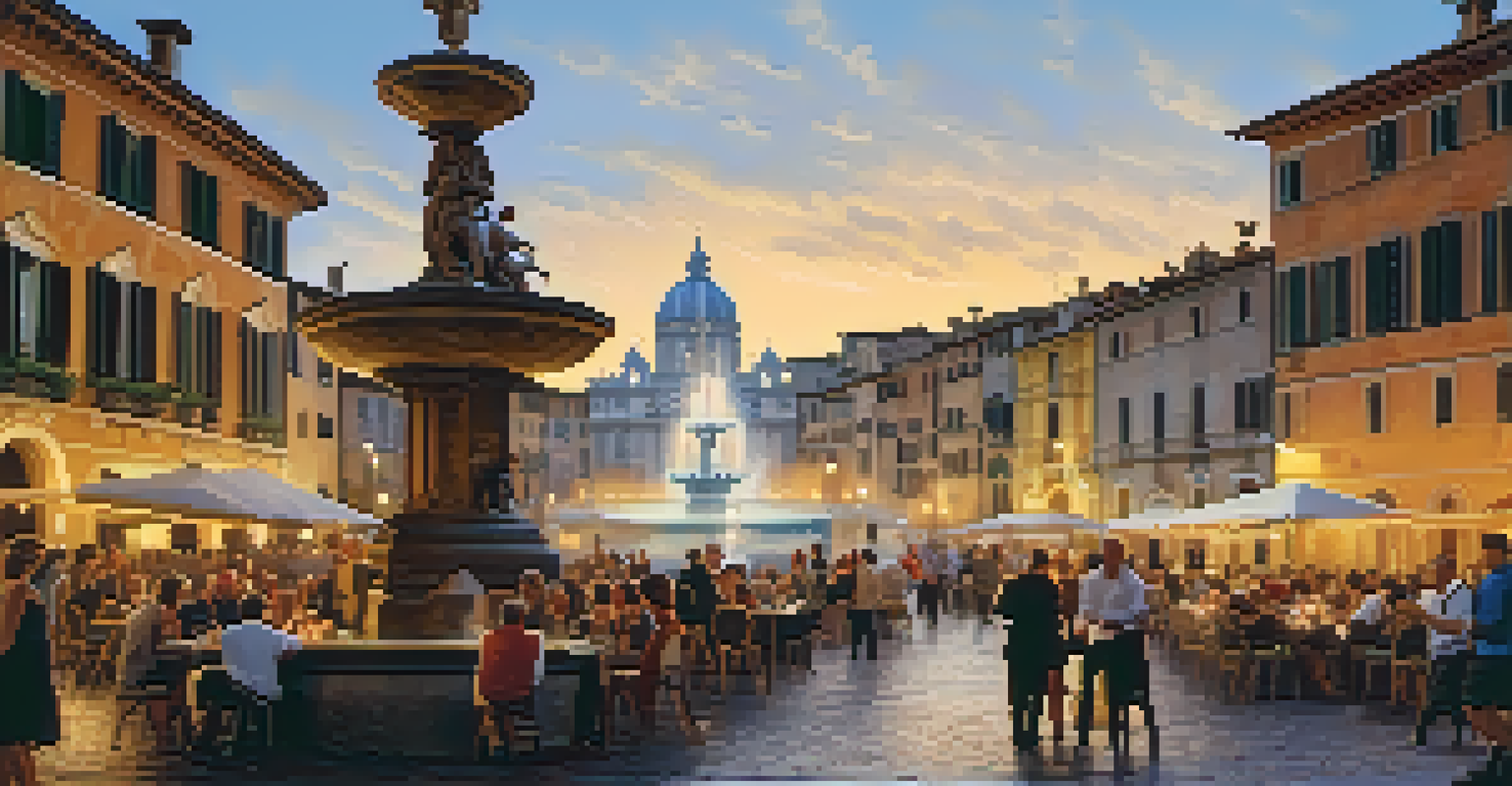 A lively scene in Piazza Navona at dusk, showcasing the illuminated fountain and vibrant street life.