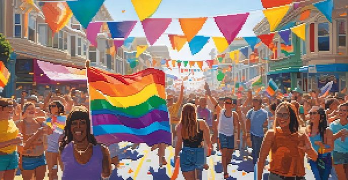 A lively street scene in San Francisco during a pride parade, featuring a diverse crowd celebrating with colorful flags and confetti, with the Golden Gate Bridge in the background.