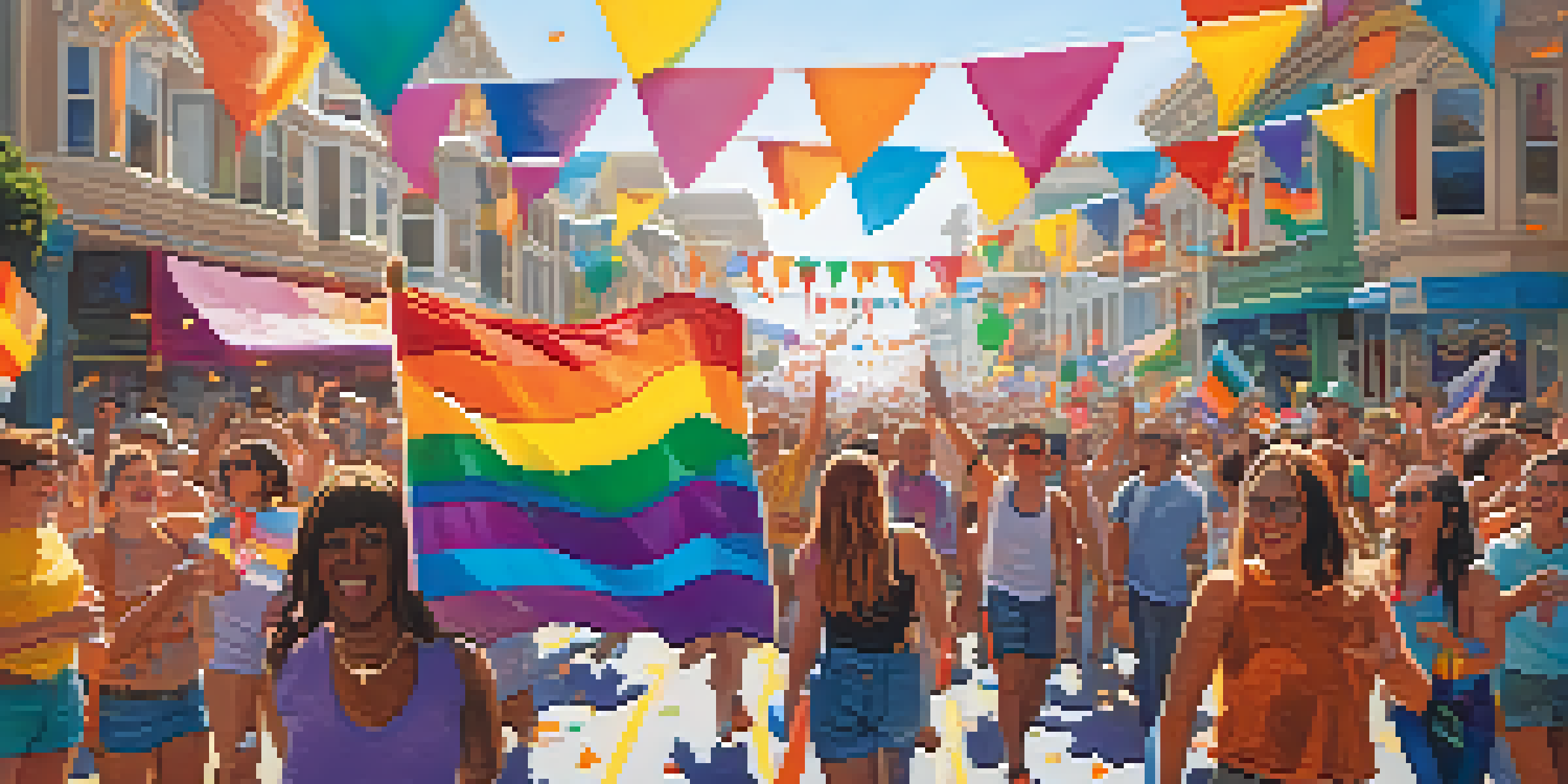 A lively street scene in San Francisco during a pride parade, featuring a diverse crowd celebrating with colorful flags and confetti, with the Golden Gate Bridge in the background.