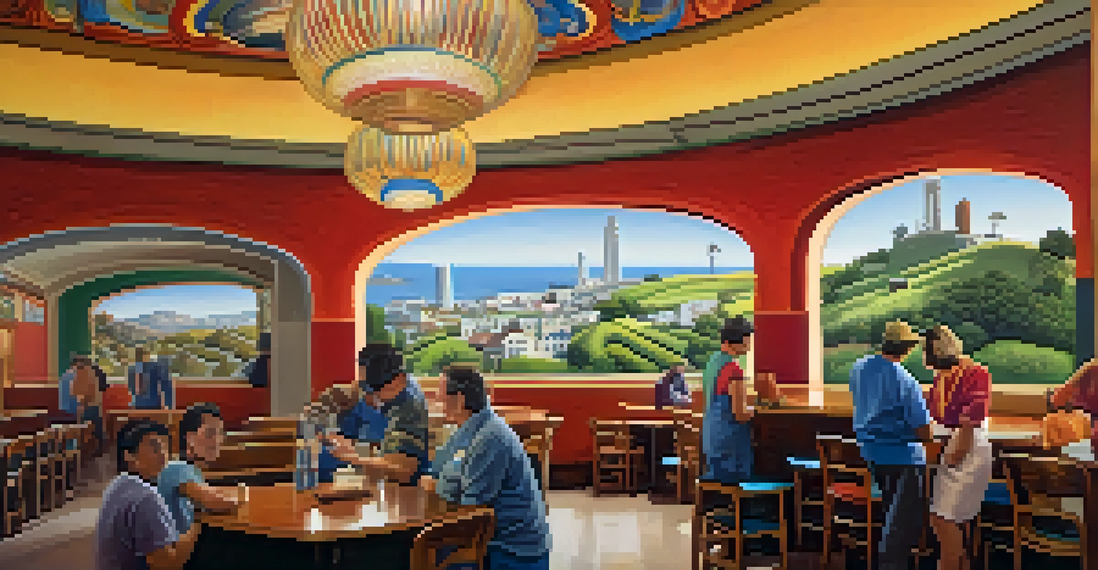 A close-up view of a mural inside Coit Tower, showcasing farm workers in colorful detail with soft lighting.