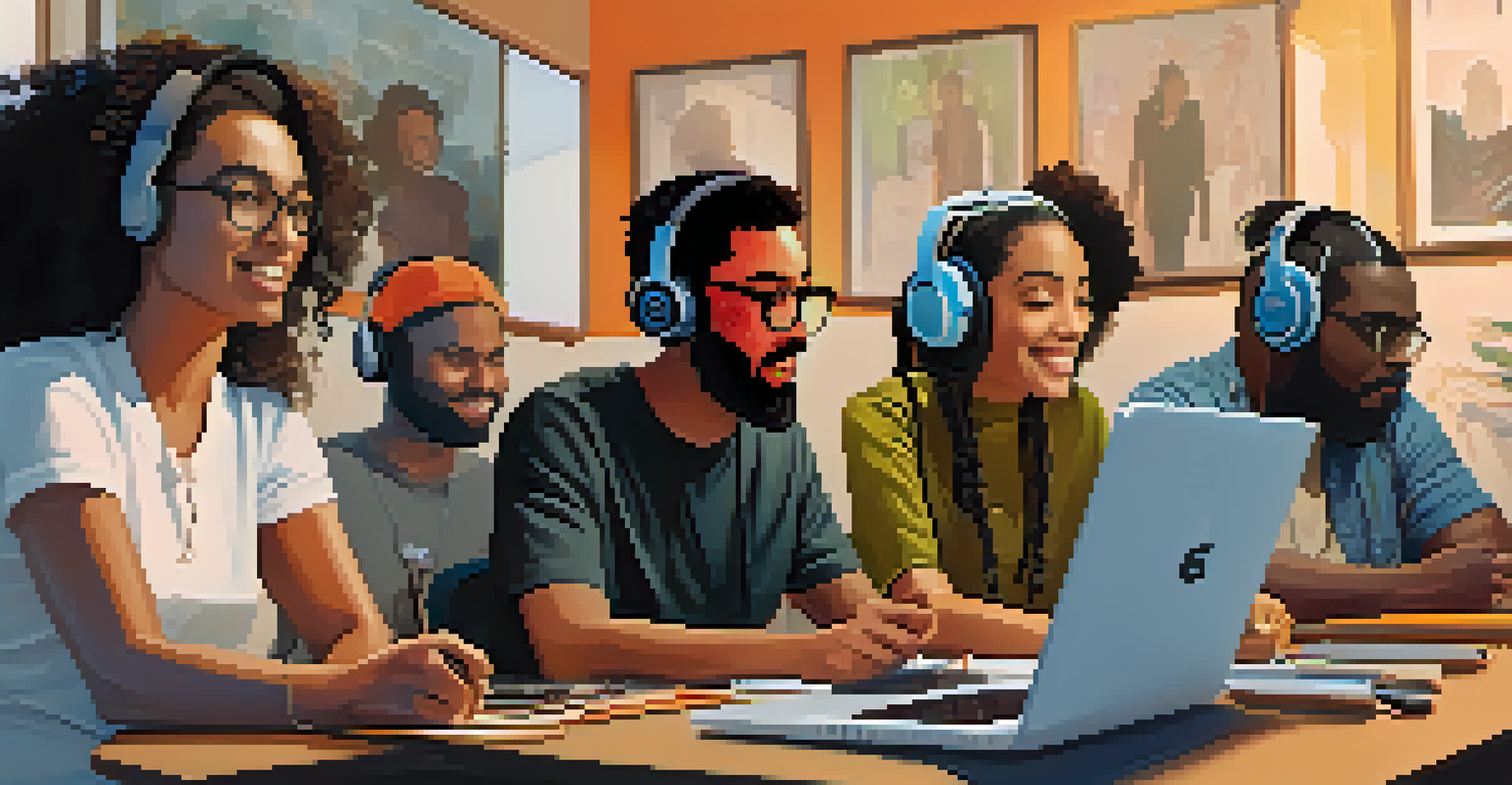 A diverse group of podcast hosts engaged in discussion around a table with recording equipment.