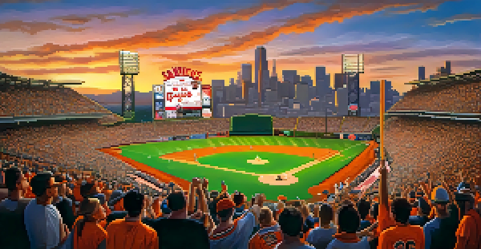 A diverse crowd of enthusiastic sports fans at a baseball game, with the San Francisco skyline in the background during sunset.