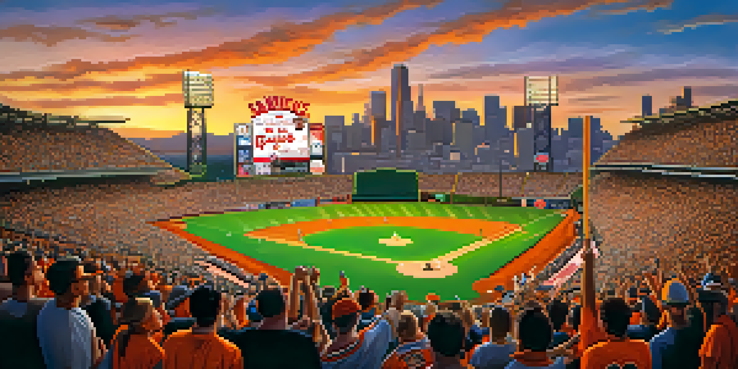 A diverse crowd of enthusiastic sports fans at a baseball game, with the San Francisco skyline in the background during sunset.