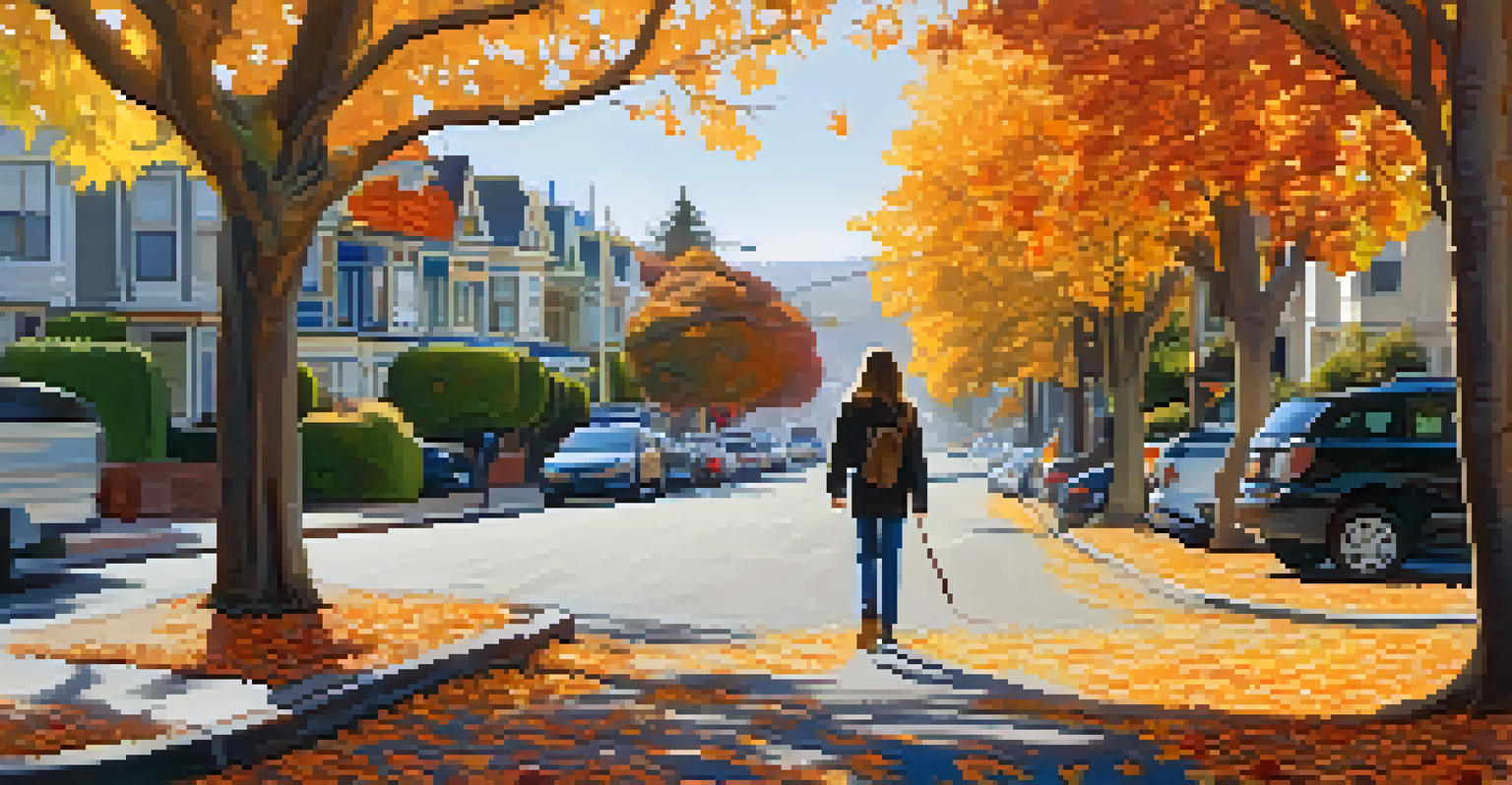 A person walking their dog through a picturesque autumn street filled with colorful leaves.
