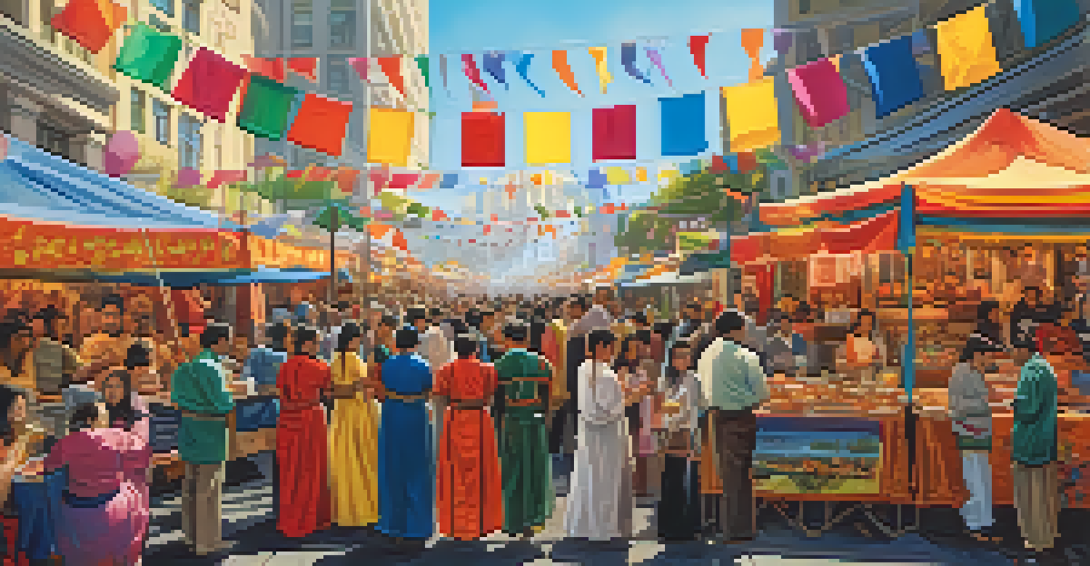 A community event with food stalls and cultural performances, showcasing diverse cultures through food and dance.