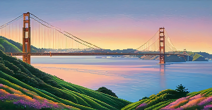 A stunning sunset view of the Golden Gate Bridge with colorful sky and green hills in the foreground.