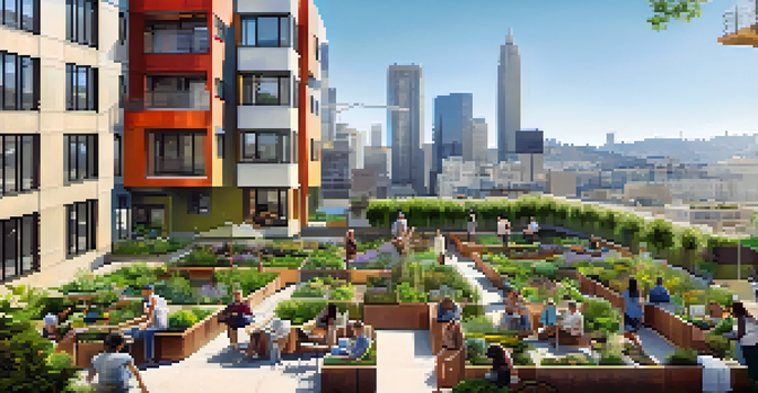 A modern multi-family housing complex in San Francisco with communal gardens and rooftop terraces, under a sunny sky.