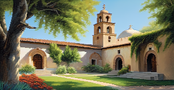 A historic mission building surrounded by greenery and flowers under a blue sky, with people enjoying the area.