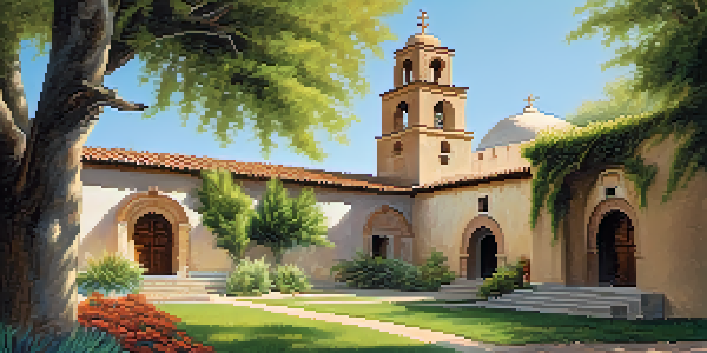 A historic mission building surrounded by greenery and flowers under a blue sky, with people enjoying the area.