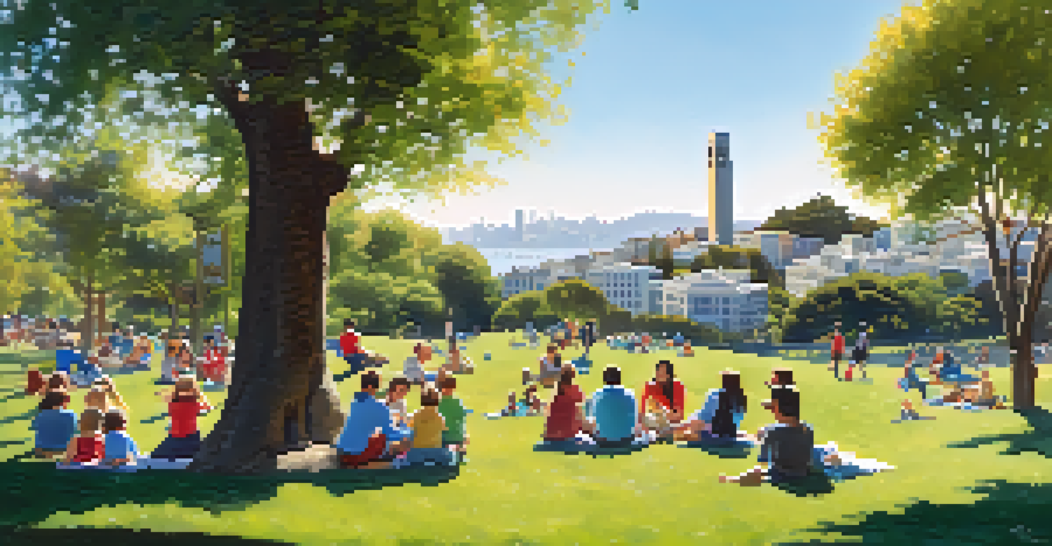 A bustling park scene at the base of Coit Tower with families, children playing, and people enjoying picnics under a clear blue sky.