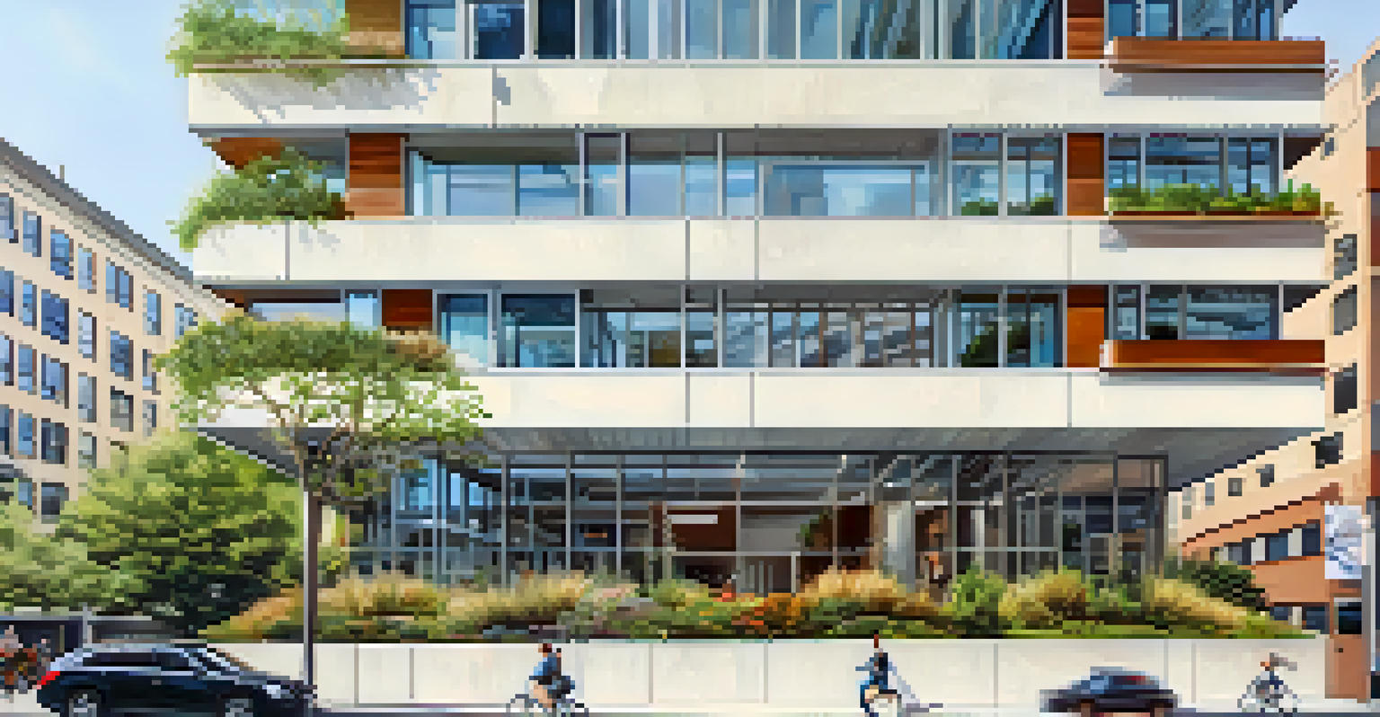 A modern energy-efficient building in San Francisco with solar panels and greenery surrounding it.