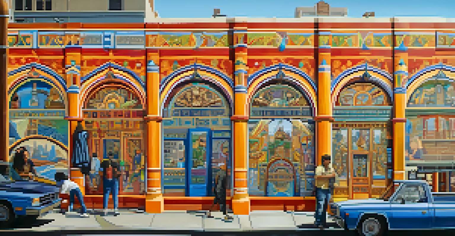 A colorful mural in the Mission District, highlighting cultural themes with people nearby.