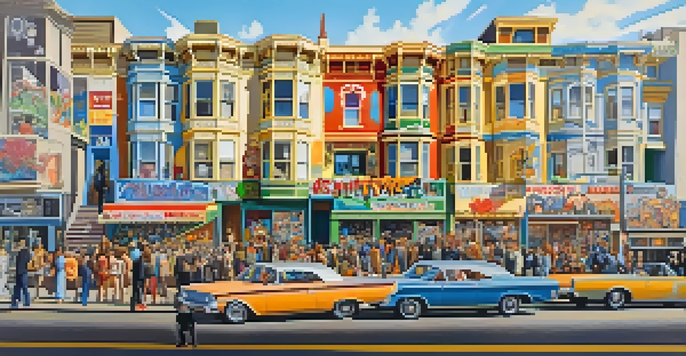 A vivid street scene from the 1960s in Haight-Ashbury, featuring colorful murals and groups of artists and musicians expressing anti-war sentiments.