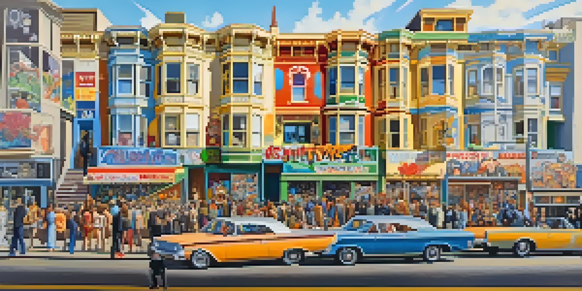 A vivid street scene from the 1960s in Haight-Ashbury, featuring colorful murals and groups of artists and musicians expressing anti-war sentiments.