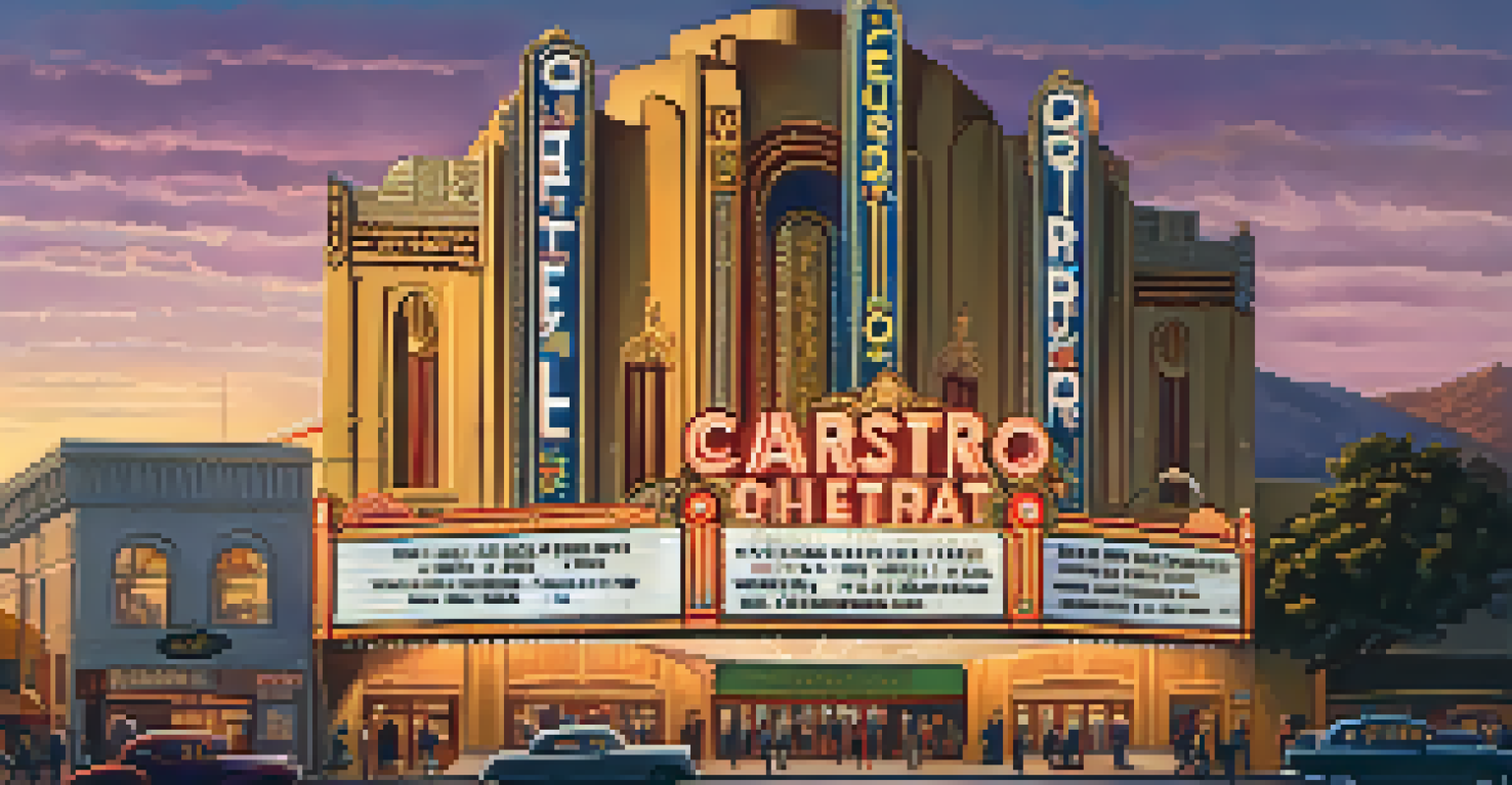 The Castro Theatre showcasing its Art Deco architecture with a film marquee and people conversing outside during sunset.