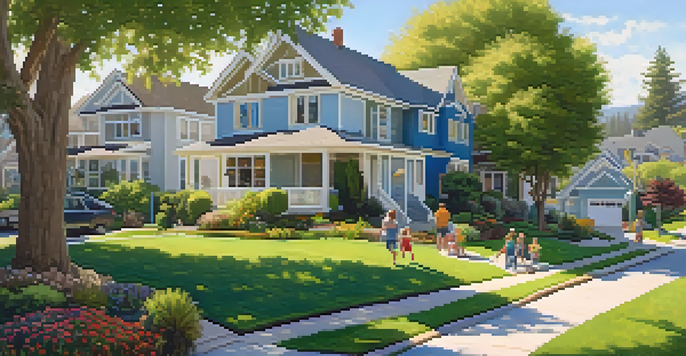 A sunny suburban neighborhood with spacious homes, green lawns, and families enjoying outdoor activities.