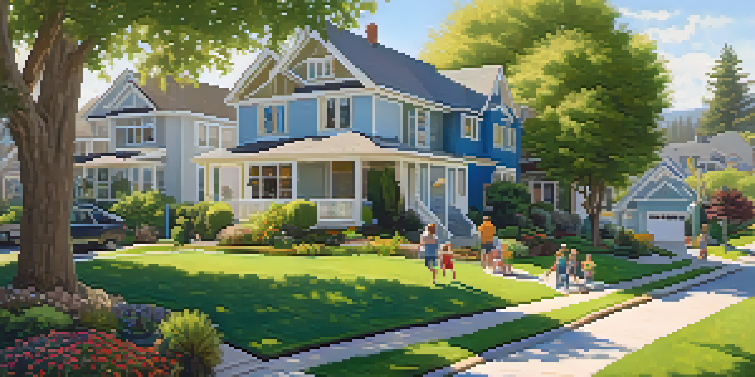 A sunny suburban neighborhood with spacious homes, green lawns, and families enjoying outdoor activities.