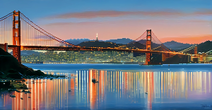 A panoramic view of San Francisco's skyline at dusk with the Golden Gate Bridge illuminated.