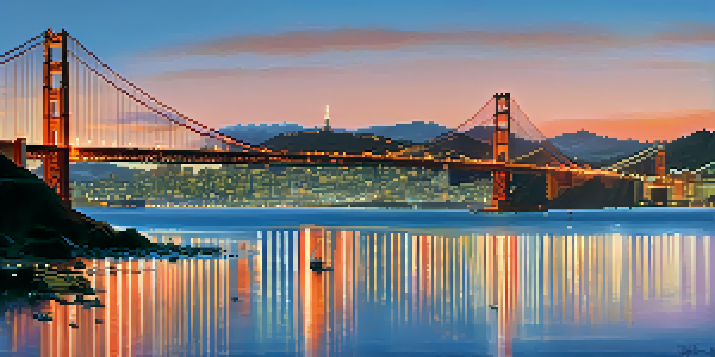 A panoramic view of San Francisco's skyline at dusk with the Golden Gate Bridge illuminated.