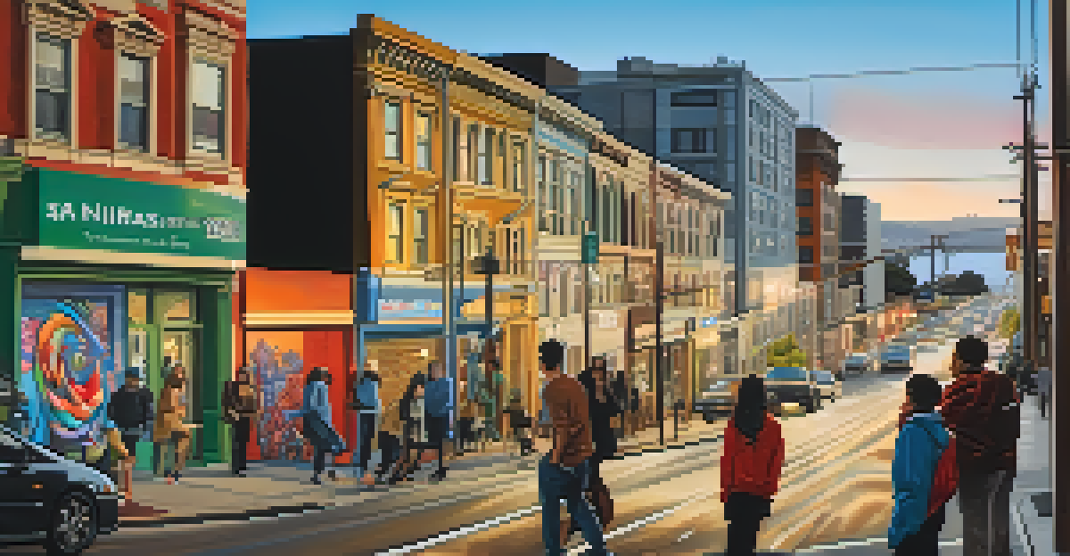 A San Francisco street featuring diverse street art, illuminated by evening light with people taking photographs.