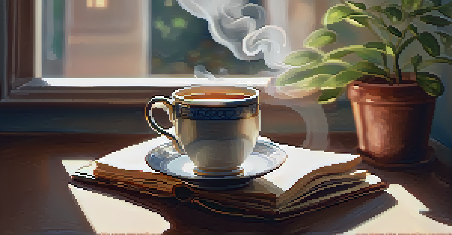 A close-up of a hand holding a steaming cup of tea on a cozy table with a plant and a journal in the background.