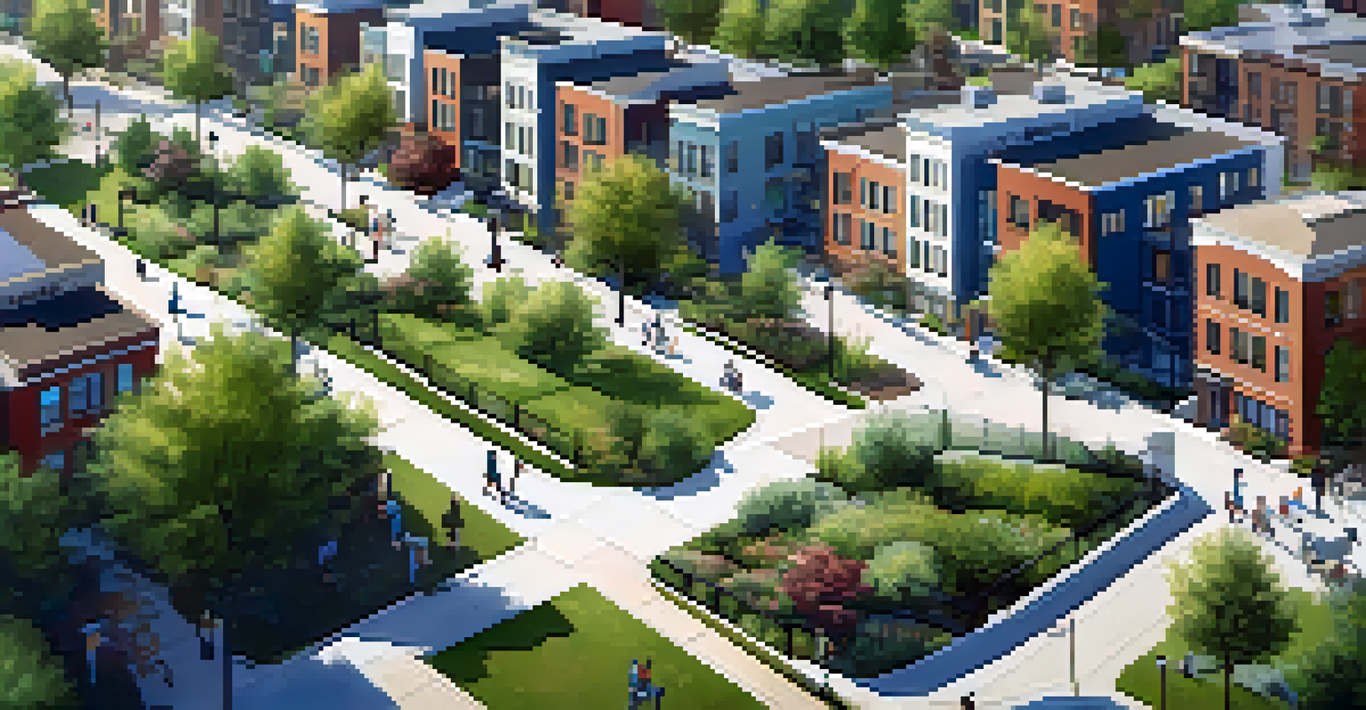 An aerial view of a walkable community with mixed-use developments, showing people walking and biking amidst residential and commercial spaces.