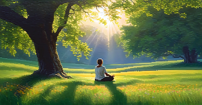 A person meditating in a green meadow at sunrise, surrounded by wildflowers and soft sunlight.