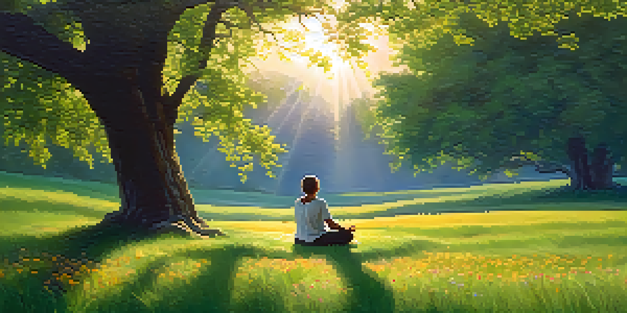A person meditating in a green meadow at sunrise, surrounded by wildflowers and soft sunlight.