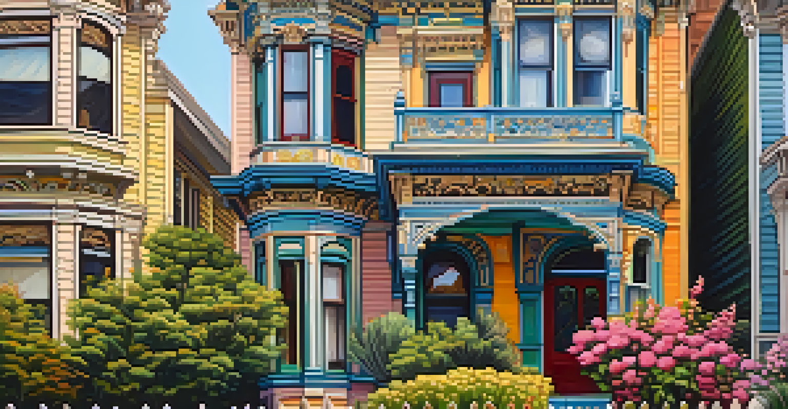 A close-up view of a beautifully decorated Victorian house in San Francisco with colorful details and blooming flowers.