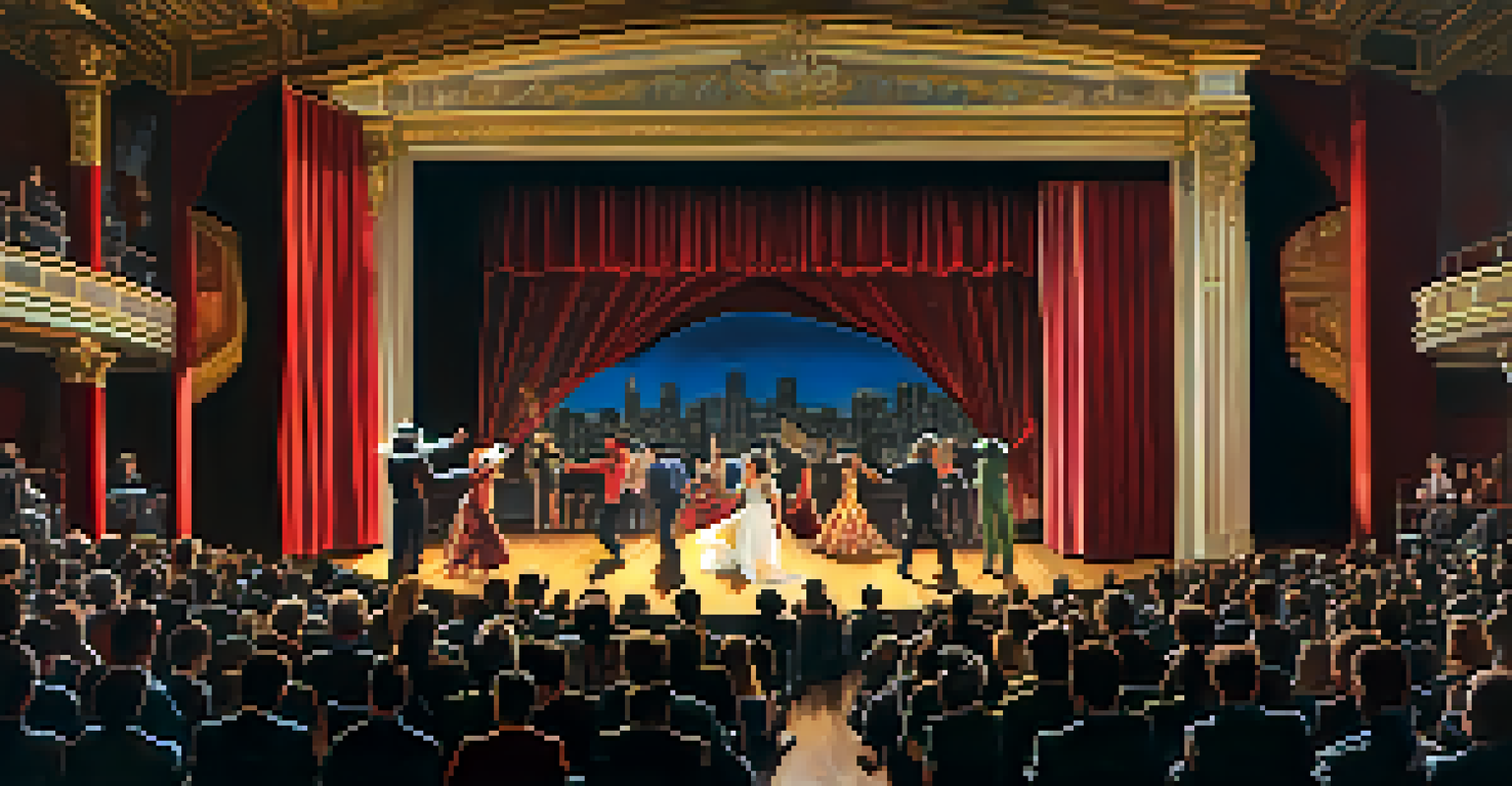 Collage of theater performances in San Francisco, showcasing actors in costume and an engaged audience.