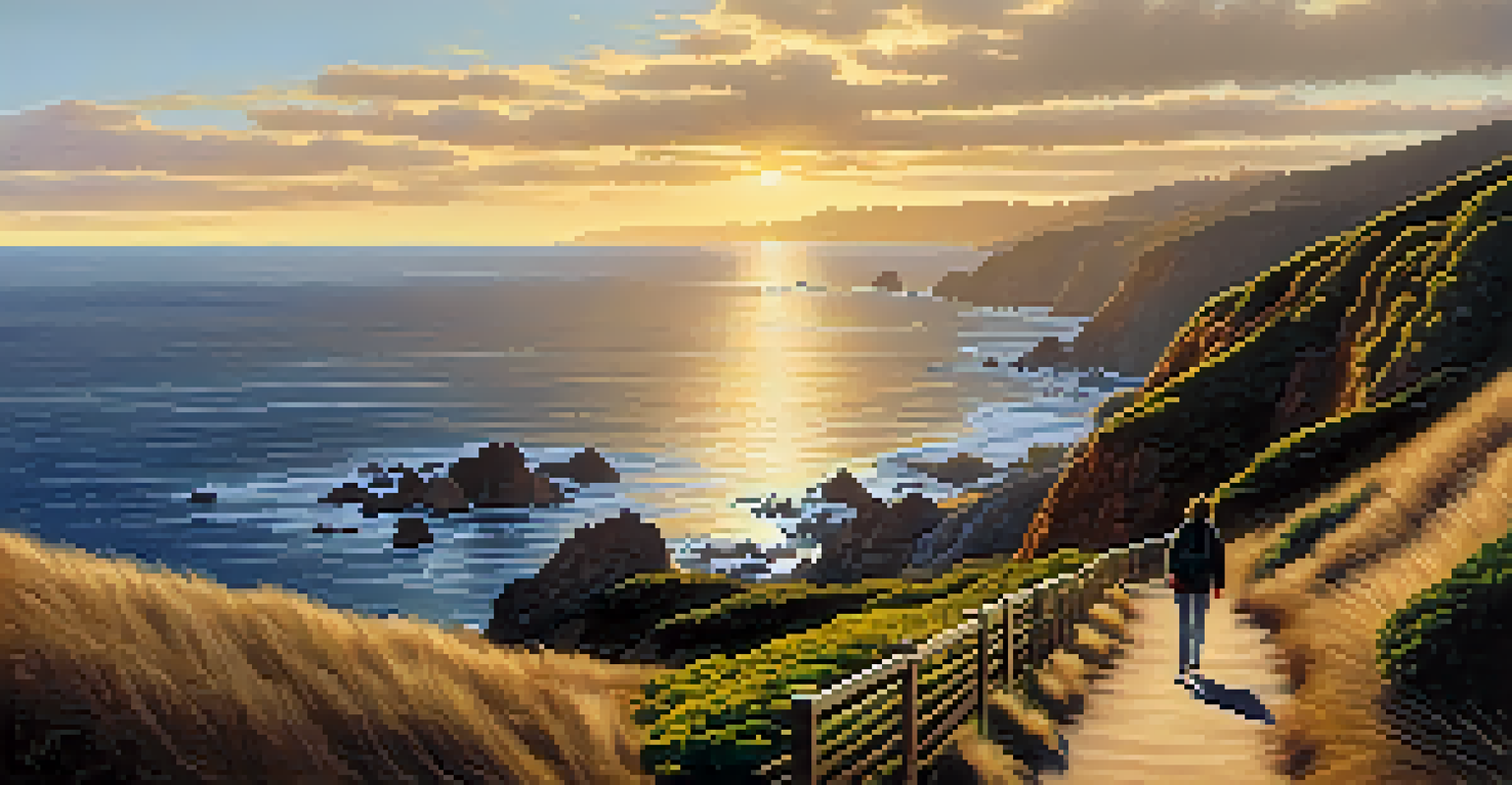 A person walking their dog along a scenic coastal trail at Lands End in San Francisco during sunset.