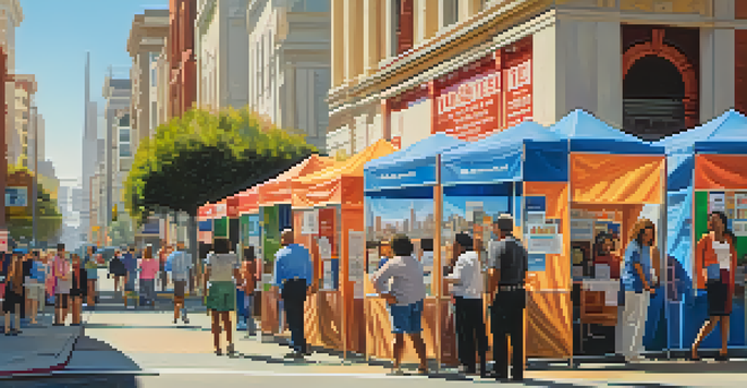 A diverse group of people at a voter registration booth in San Francisco with the Golden Gate Bridge in the background.