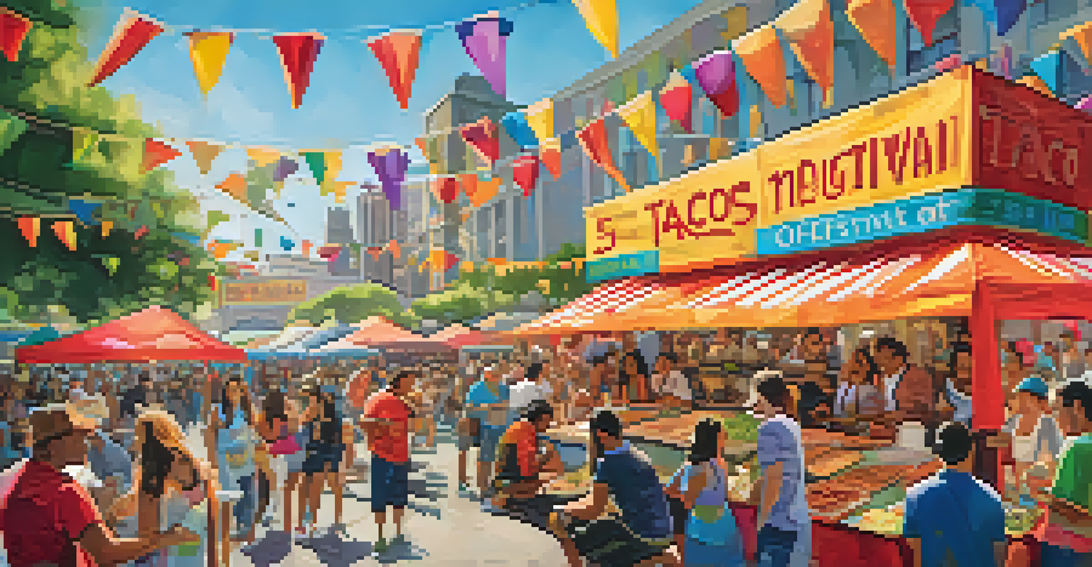 A lively taco festival in San Francisco with families enjoying unique tacos, colorful decorations, and live music creating a festive atmosphere.