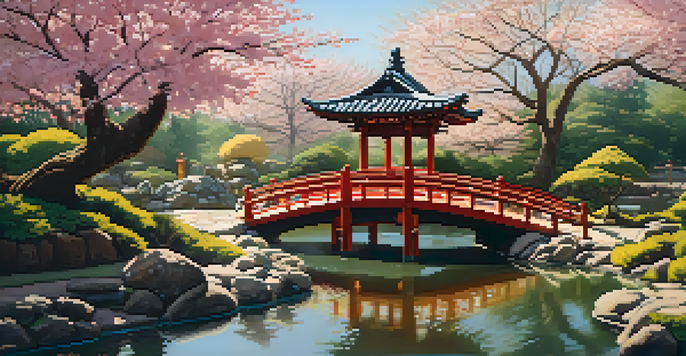 A peaceful Japanese tea garden with raked gravel, koi ponds, cherry blossom trees, and traditional lanterns under soft sunlight.