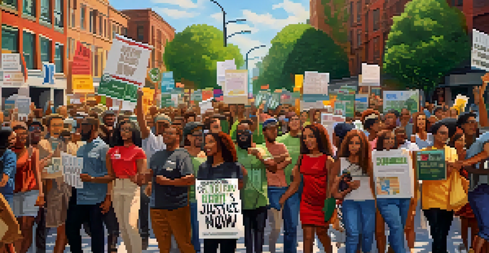 A diverse crowd of people protesting for social justice, holding colorful signs in a sunny city street.