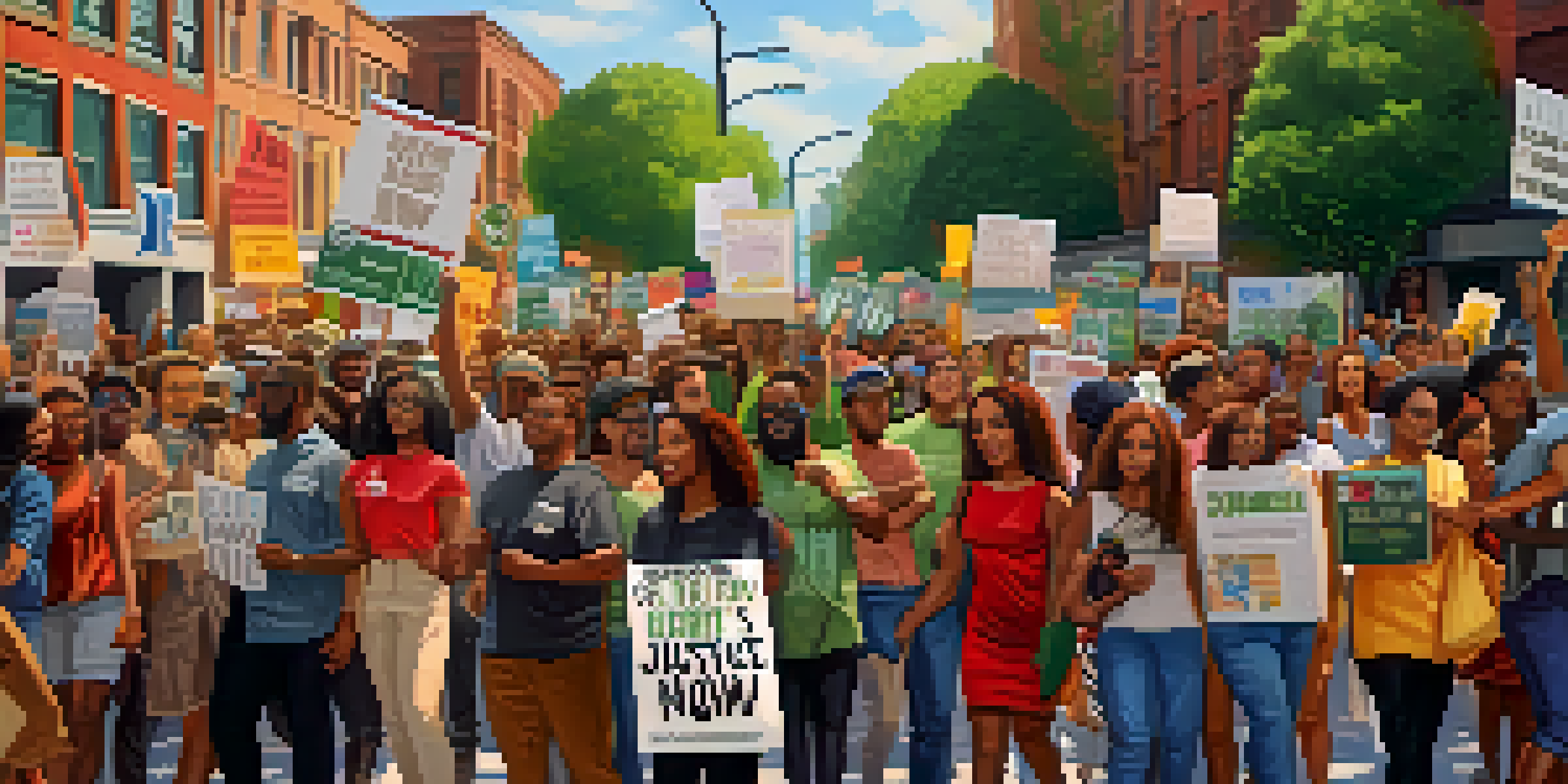 A diverse crowd of people protesting for social justice, holding colorful signs in a sunny city street.