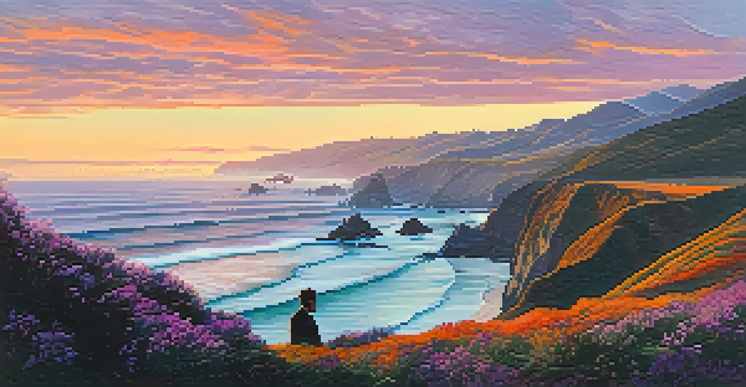 A scenic view of Big Sur at sunset with waves crashing against cliffs, a silhouette of a figure on the edge, embodying themes of exploration and self-discovery.