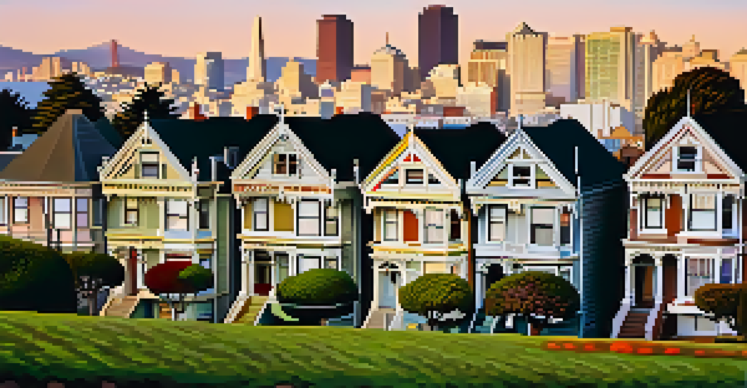 The Painted Ladies in Alamo Square with colorful Victorian houses and the San Francisco skyline, illuminated by golden hour light.