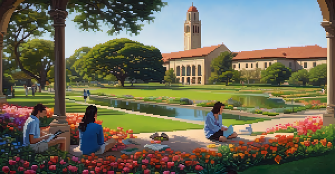 Panoramic view of Stanford University campus with students studying outdoors amidst green landscapes and blooming flowers.