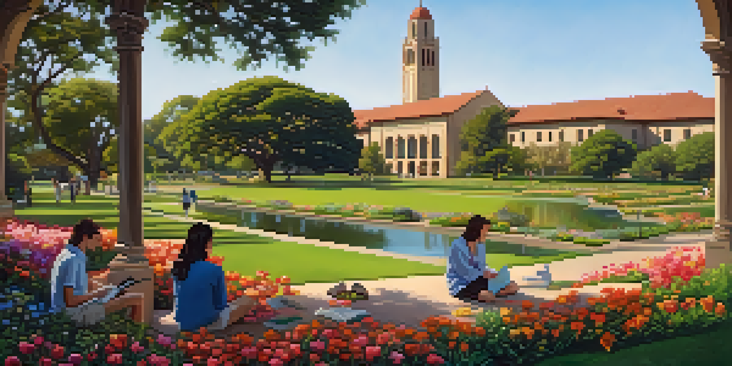Panoramic view of Stanford University campus with students studying outdoors amidst green landscapes and blooming flowers.