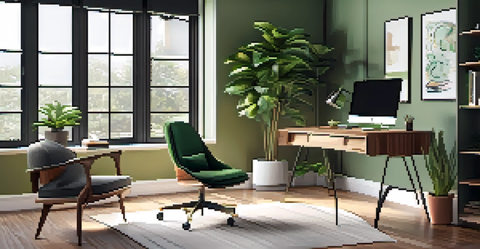 A bright and inviting home office with a desk, laptop, and plants, illuminated by natural light from a large window.