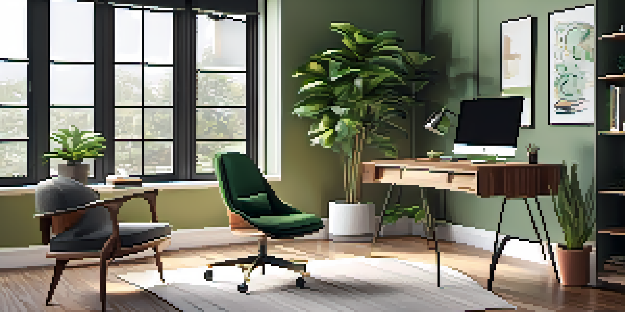 A bright and inviting home office with a desk, laptop, and plants, illuminated by natural light from a large window.
