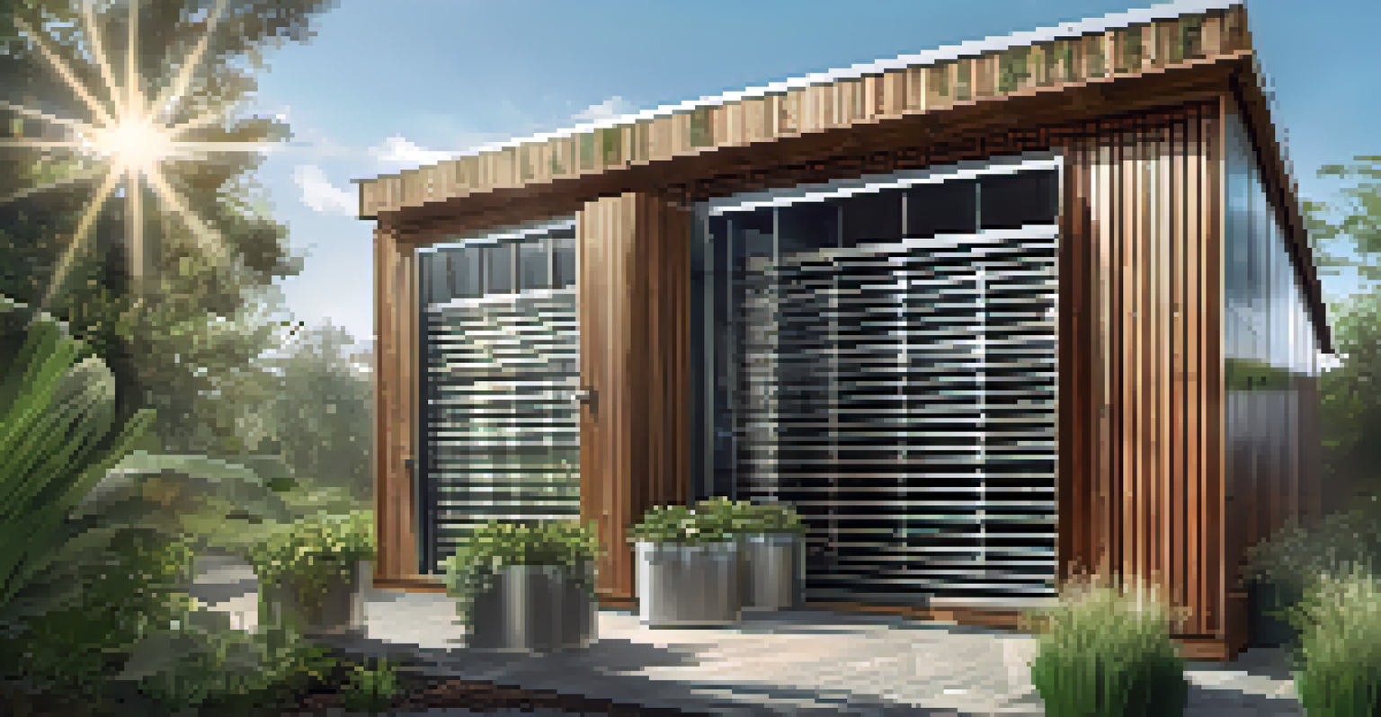 A detailed view of a rainwater harvesting system on a modern building, featuring recycled materials and plants.