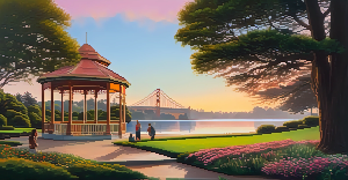 A picturesque scene of Golden Gate Park featuring vibrant flowers, a calm lake, and people picnicking as the sun sets.