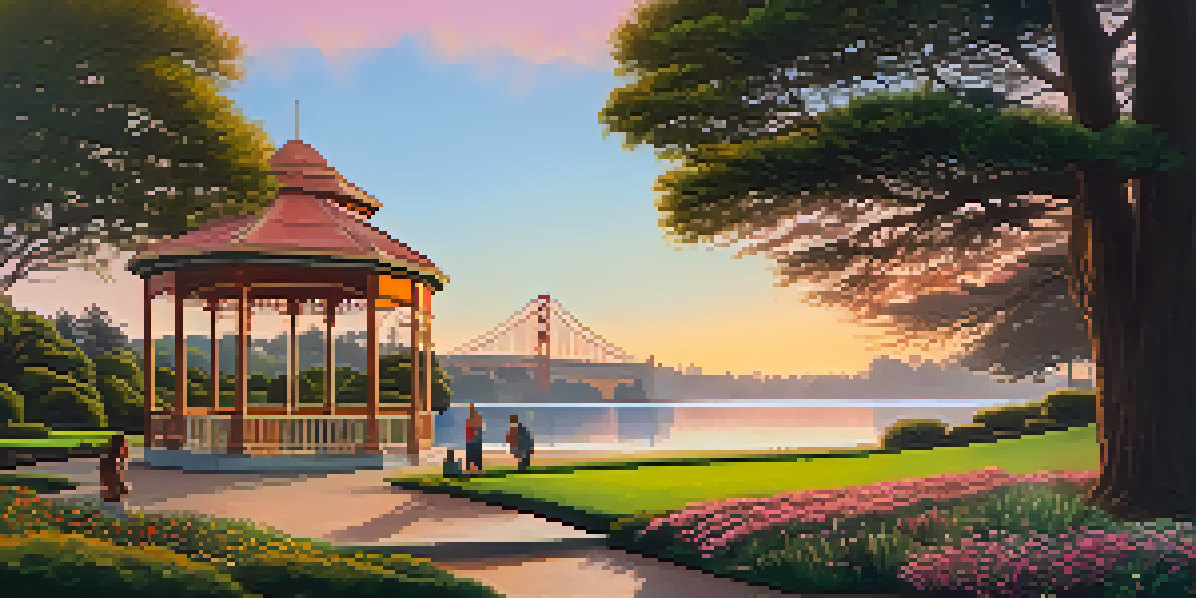 A picturesque scene of Golden Gate Park featuring vibrant flowers, a calm lake, and people picnicking as the sun sets.