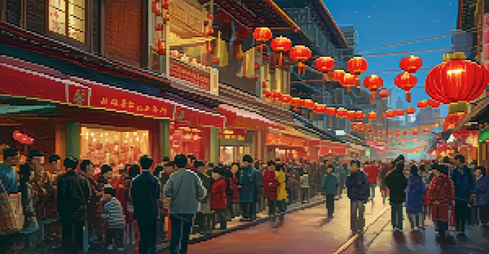 A lively celebration in Chinatown featuring a dragon dance, red lanterns, and excited crowds during the Chinese New Year.