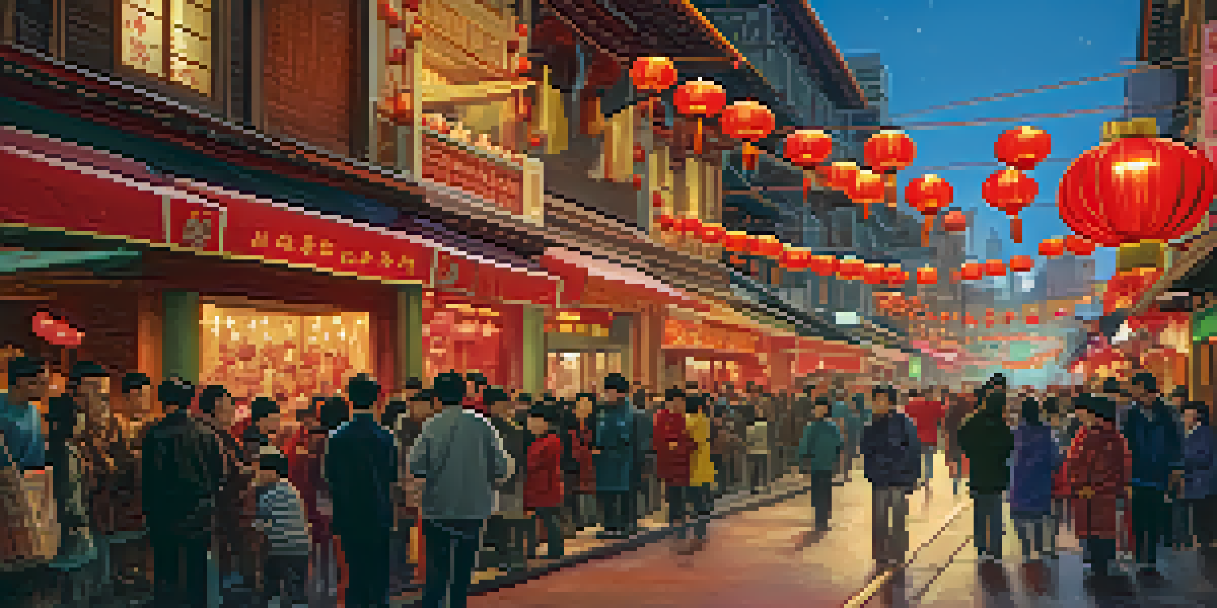 A lively celebration in Chinatown featuring a dragon dance, red lanterns, and excited crowds during the Chinese New Year.