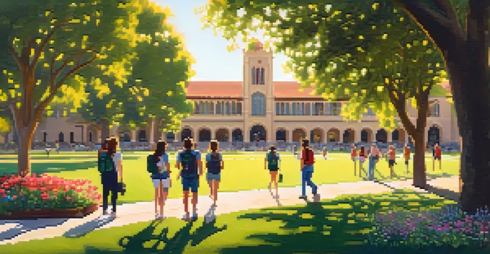 A sunny day at Stanford University with students walking among historic buildings and greenery, discussing on the lawn.