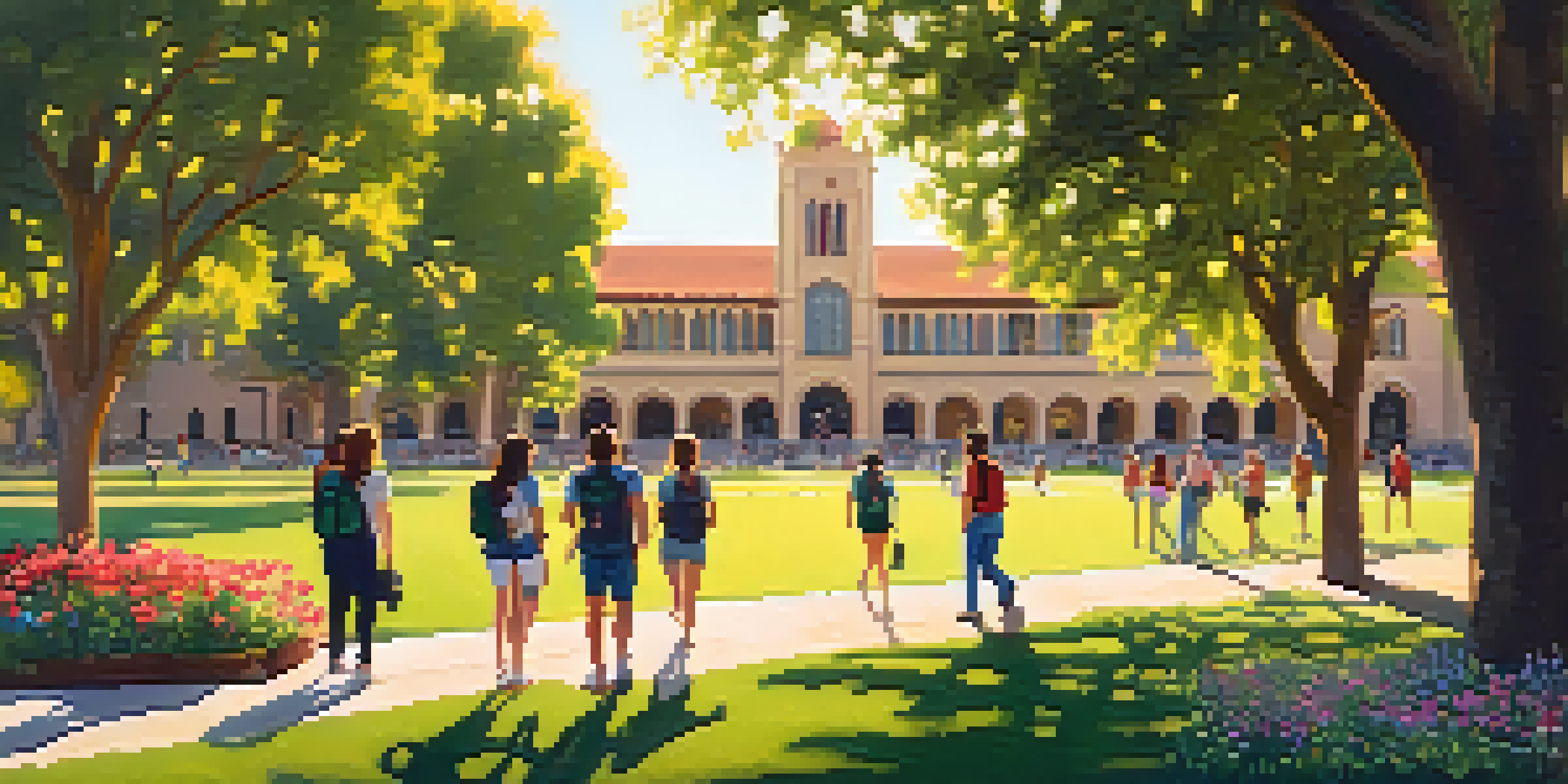 A sunny day at Stanford University with students walking among historic buildings and greenery, discussing on the lawn.